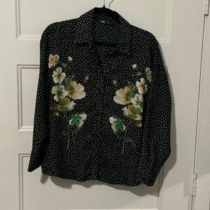 Zara Black Polka Dot Button-Down with Floral Embroidery